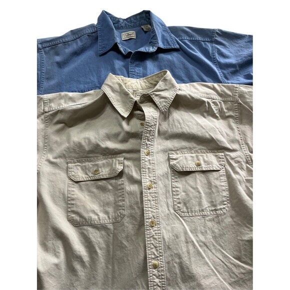 L.L. Bean 2 Short Sleeve Shirt Large button up Thick Heavy Cotton Work Farm Fish - Picture 1 of 8